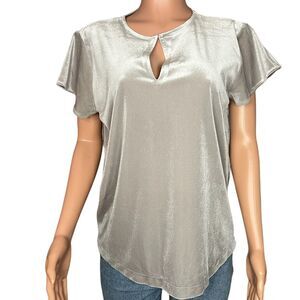Ann Taylor Shirt Womens Large Gray Velvet Short Sleeve Keyhole Polyester Top